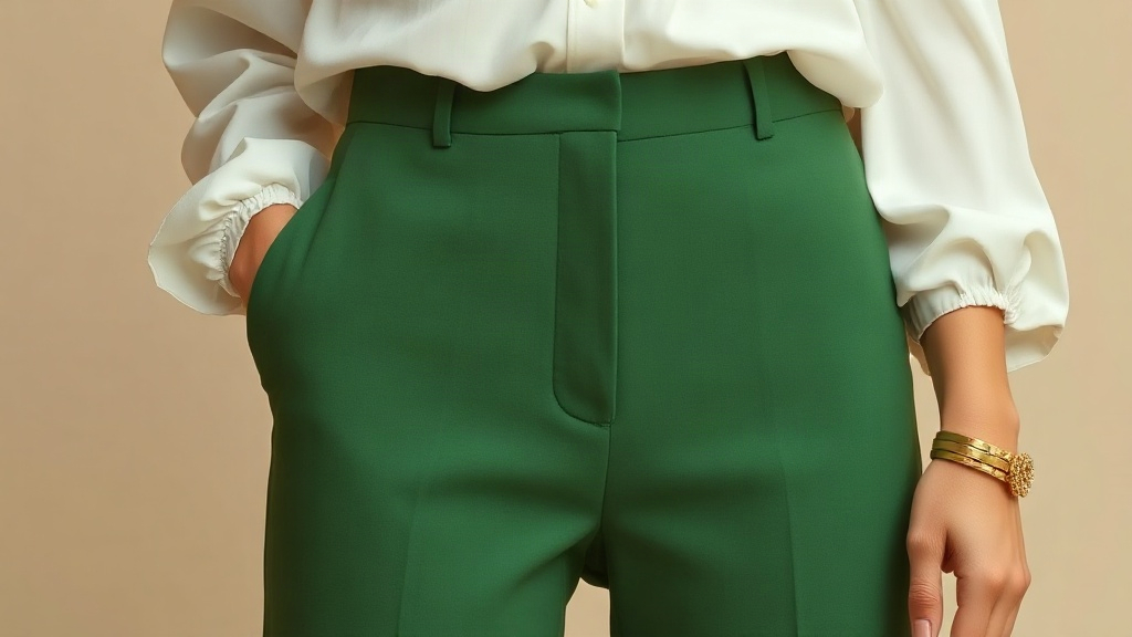 Détail de pantalon vert et accessoires Vue rapprochée d'un pantalon vert assorti avec un chemisier blanc et des accessoires élégants.
