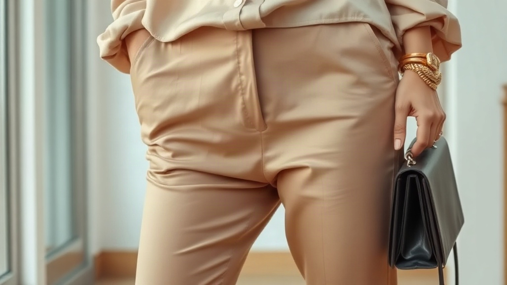 Détail pantalon élégant Gros plan sur un pantalon élégant avec une blouse en soie et accessoires.