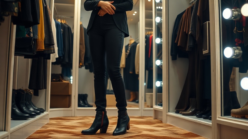Choix de bottes dans un dressing Femme sélectionnant des bottes pour un pantalon taille haute dans un dressing chic.
