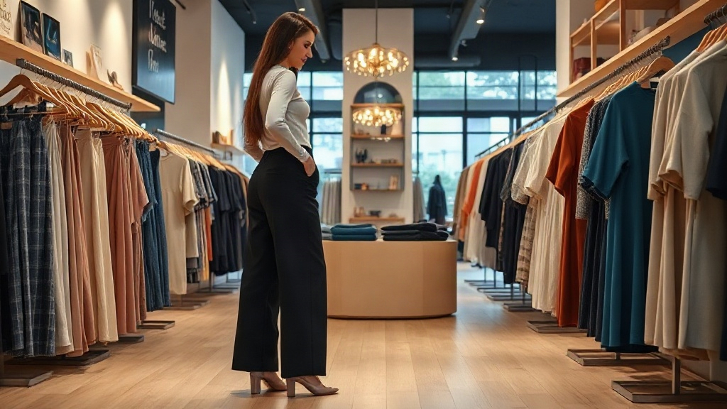 Essayage de pantalons modernes Une femme essayant des pantalons taille haute et larges dans une boutique moderne.