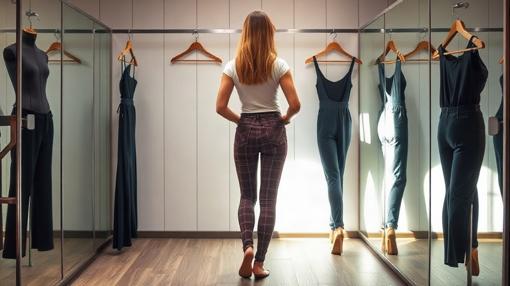 Essayage de pantalons élégants Une femme essayant différents styles de pantalons dans une cabine d'essayage bien éclairée.