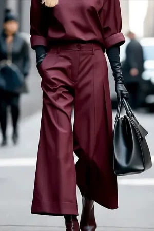 Pantalon taille haute bordeaux, coupe large et plissée — vue principale