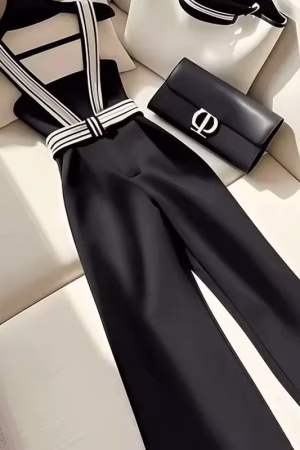 Pantalon à bretelles noir taille haute, coupe large — vue principale